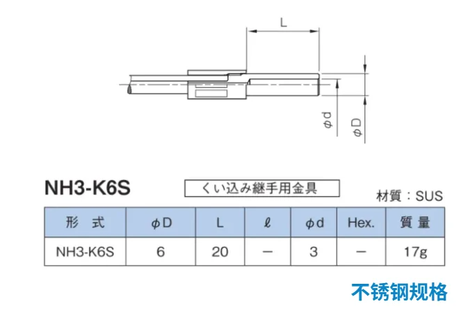 NH3-K6S 不锈钢卡套接头尺寸图